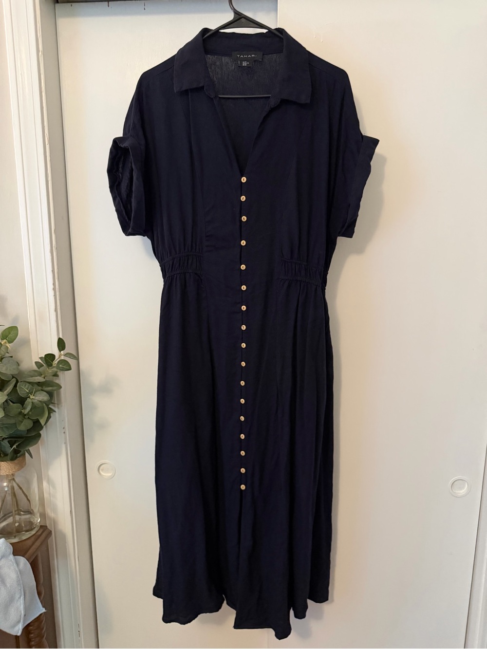 Tahari Navy Button-Front Midi Shirt Dress
